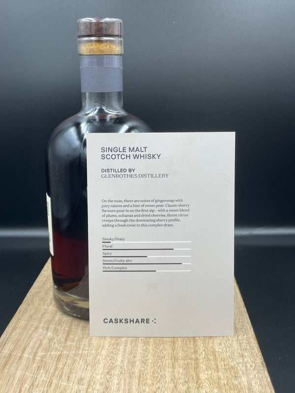 Tasting notes by Cask Share and an angle to highlight the glorious colour of the whisky.