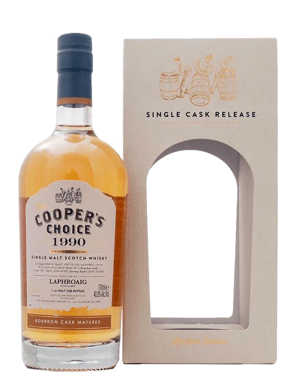 Laphroaig 28 year old 1990 single cask scotch whisky from the Coopers Choice 700ml in gift box