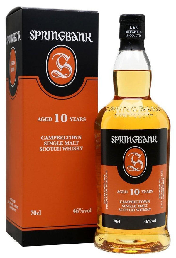 A bottle of Springbank 10 year old single malt scotch whisky with gift box