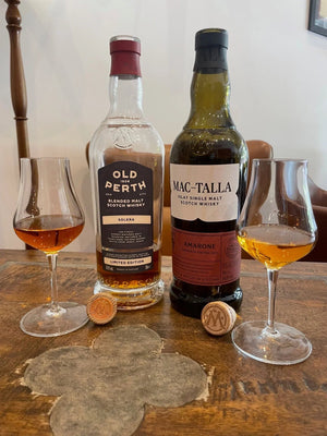 Mac-Talla Amarone Cask and Old Perth Solera blended malt with glasses poured