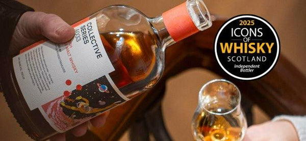 a Bottle of CaskShare whisky being poured with Icons of Whisky roundel in shot