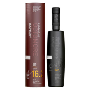 Octomore 16.2 whisky bottle and packaging on a white background