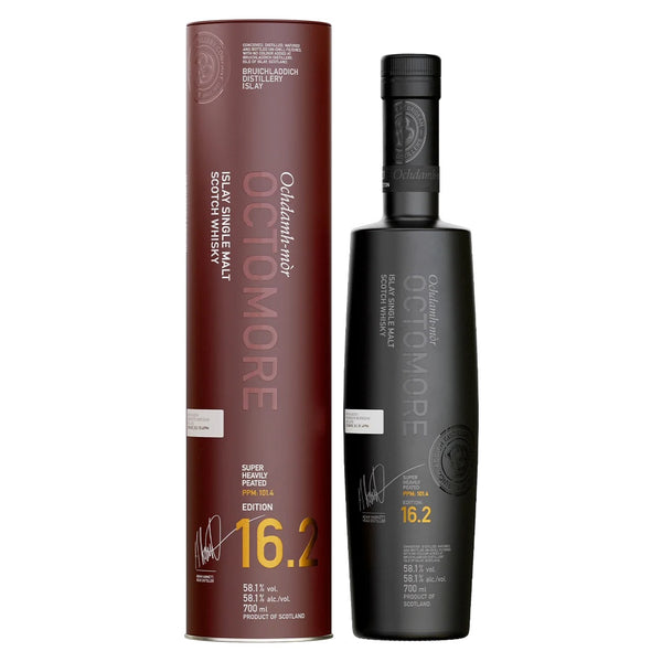 Octomore 16.2 whisky bottle and packaging on a white background