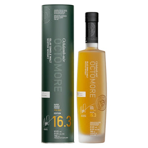 Octomore 16.3 whisky bottle and packaging on a white background