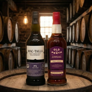 a bottle of mac-talla PX 2.0 and Old Perth PX Limited Edition 2.0 on a barrel top