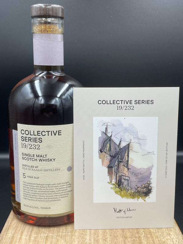 Caskshare Collective Series bottling. Artwork by Matt Gibbons depicts Borodale House a victorian era building that is the centre of Raasay Distillery. 