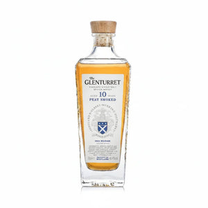 A bottle of The Glenturret 10 Years Old Peat Smoked Highland Single Malt Scotch Whisky, showing the amber liquid inside a clear glass bottle with a wooden stopper and a cream-colored label.