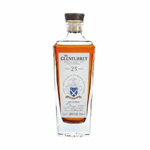 A bottle of The Glenturret 25 Years Old Single Malt Scotch Whisky, featuring a clear glass bottle with a square shape, filled with amber-colored whisky. The bottle has a dark wood cap and a detailed white label with blue and gold accents.
