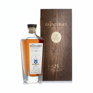 A bottle of The Glenturret 25 Years Old Highland Single Malt Scotch whisky stands next to its dark wood presentation box on a white background.