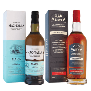 Two bottles of Morison Whisky with their respective boxes, including Old Perth Cask Strength and Morison Mac-Talla Mara Cask Strength.