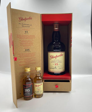 Glenfarclas 15 Year Old Single Malt Scotch Whisky with 105 & 25YO miniatures