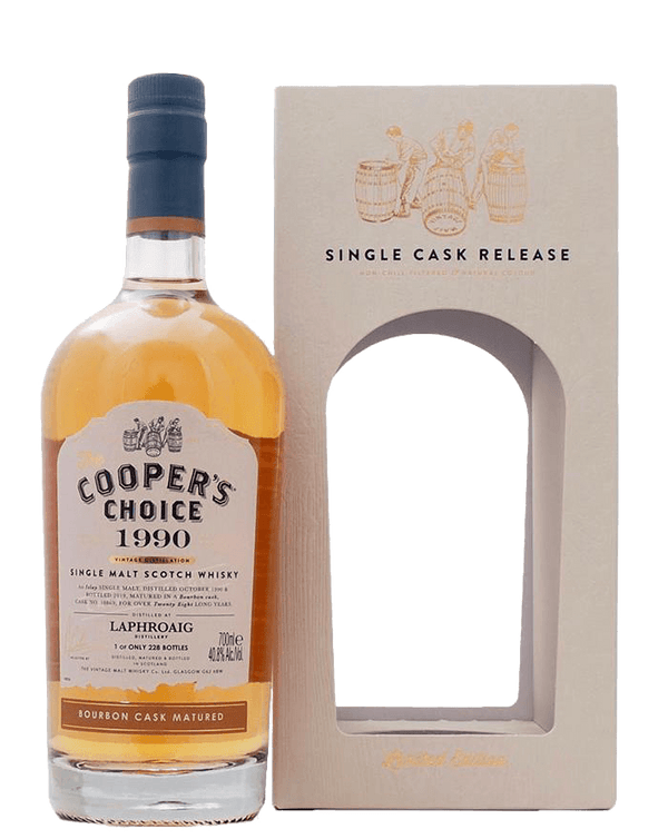 Laphroaig 28 year old 1990 single cask scotch whisky from the Coopers Choice 700ml in gift box