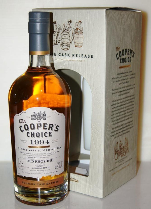 Old Rhosdhu 25 year old 1994 single cask scotch whisky by the Coopers Choice 700ml in gift box